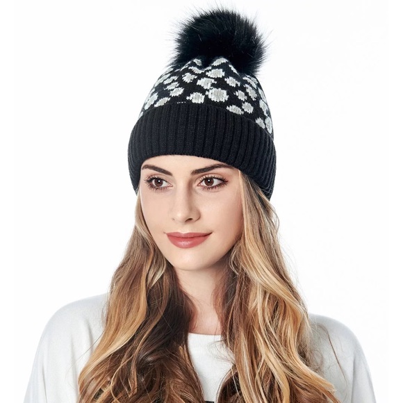 Trendy Black Leopard Knit Pom Pom Beanie - Picture 2 of 16